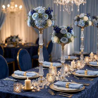 Tall gold and clear acrylic floral stands with blue and white centerpieces - thumbnail number 3