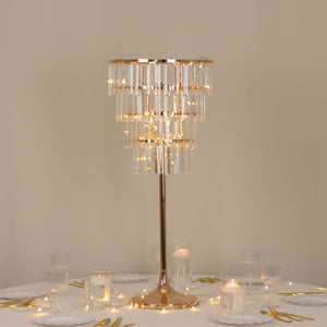 4-Tier Gold Crystal Pendant Table Centerpiece Chandelier 38" – Round Metal Vase Pedestal with Hanging Crystals