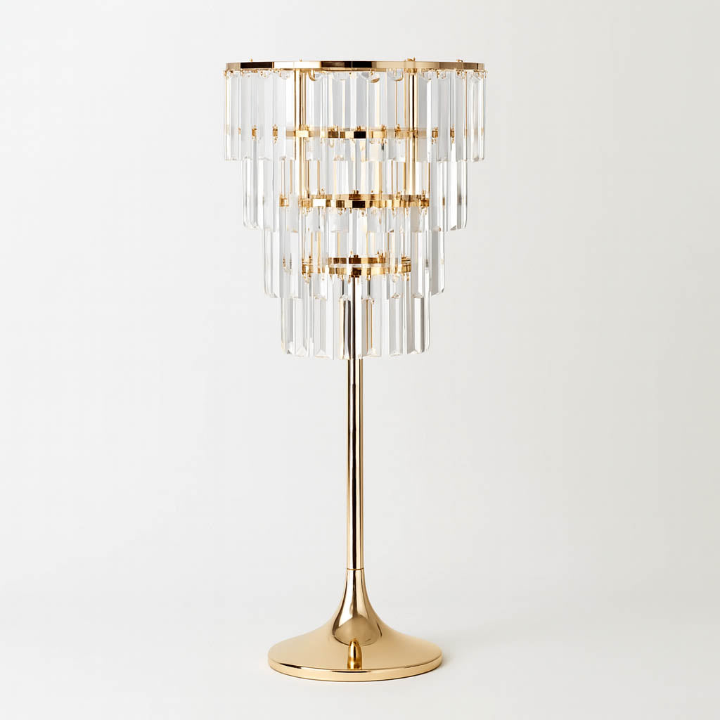 4-Tier Gold Crystal Pendant Table Centerpiece Chandelier 38" – Round Metal Vase Pedestal with Hanging Crystals