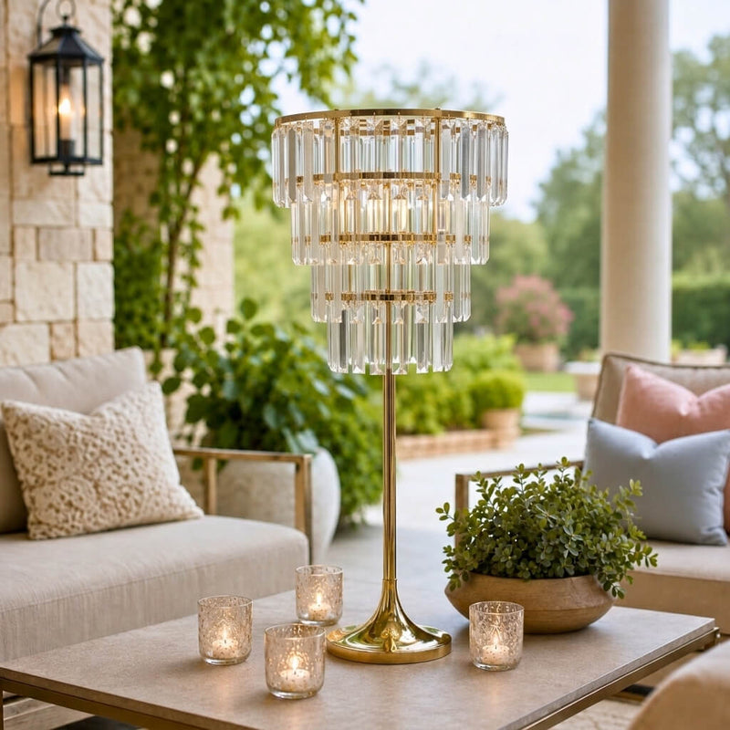 4-Tier Gold Crystal Pendant Table Centerpiece Chandelier 38" – Round Metal Vase Pedestal with Hanging Crystals - thumbnail number 6