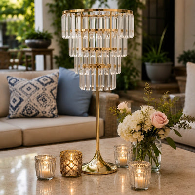 4-Tier Gold Crystal Pendant Table Centerpiece Chandelier 38" – Round Metal Vase Pedestal with Hanging Crystals - thumbnail number 7