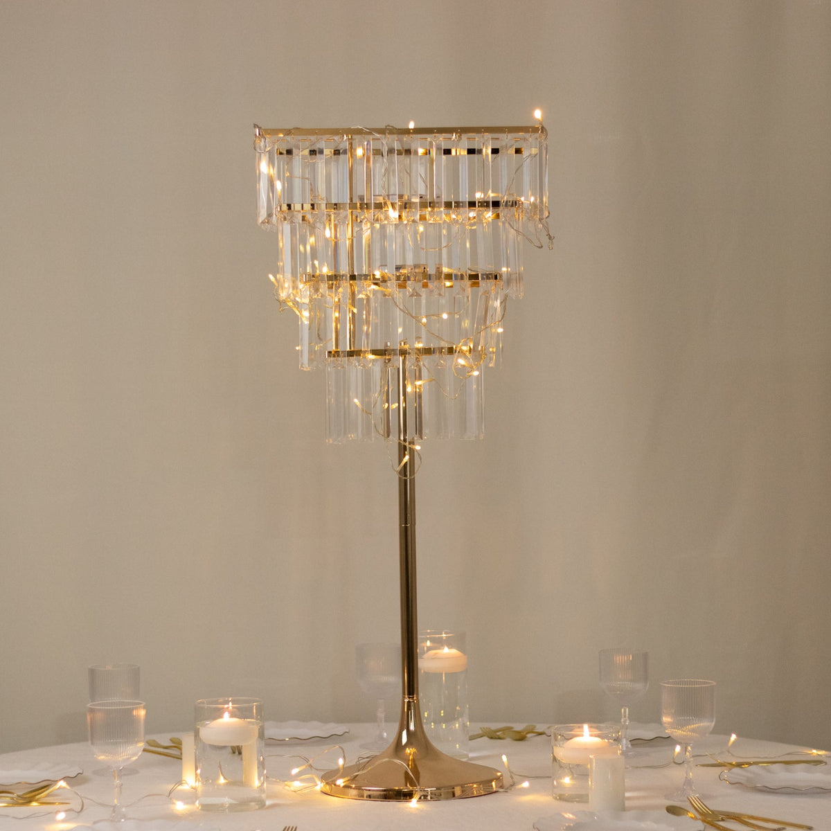 4-Tier Gold Crystal Pendant Chandelier Table Centerpiece 38" – Metal Flower Stand with Square Frame and Hanging Crystals