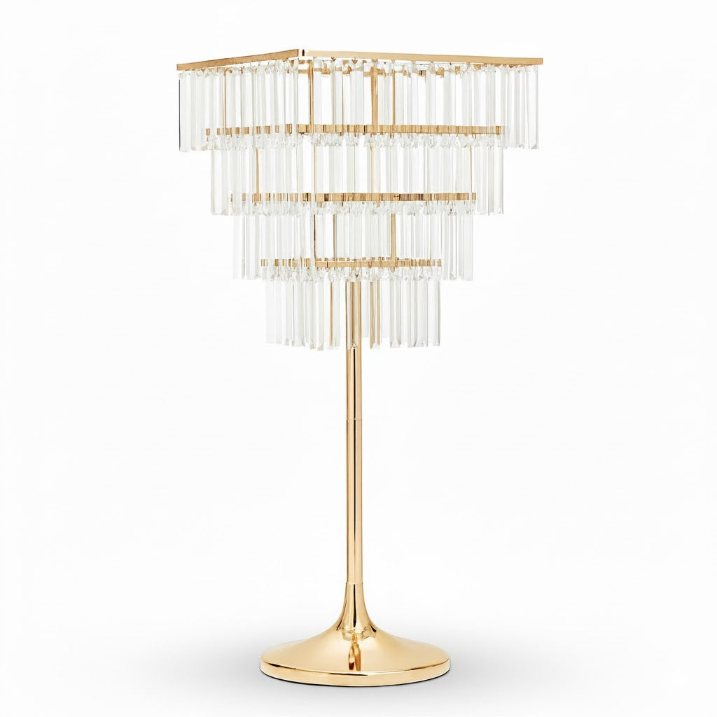 4-Tier Gold Crystal Pendant Chandelier Table Centerpiece 38" – Metal Flower Stand with Square Frame and Hanging Crystals