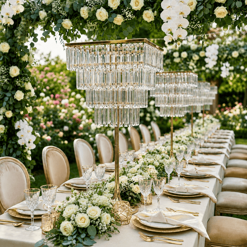 4-Tier Gold Crystal Pendant Chandelier Table Centerpiece 38" – Metal Flower Stand with Square Frame and Hanging Crystals - thumbnail number 4