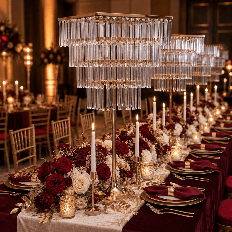4-Tier Gold Crystal Pendant Chandelier Table Centerpiece 38" – Metal Flower Stand with Square Frame and Hanging Crystals - thumbnail number 5