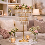 4-Tier Gold Crystal Pendant Chandelier Table Centerpiece 38" – Metal Flower Stand with Square Frame and Hanging Crystals - thumbnail number 7