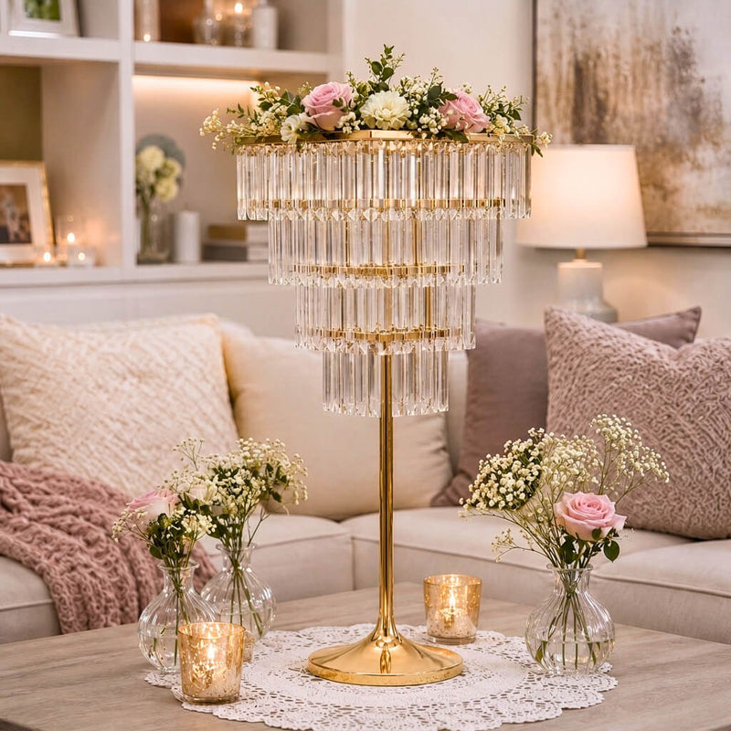 4-Tier Gold Crystal Pendant Chandelier Table Centerpiece 38" – Metal Flower Stand with Square Frame and Hanging Crystals - thumbnail number 7