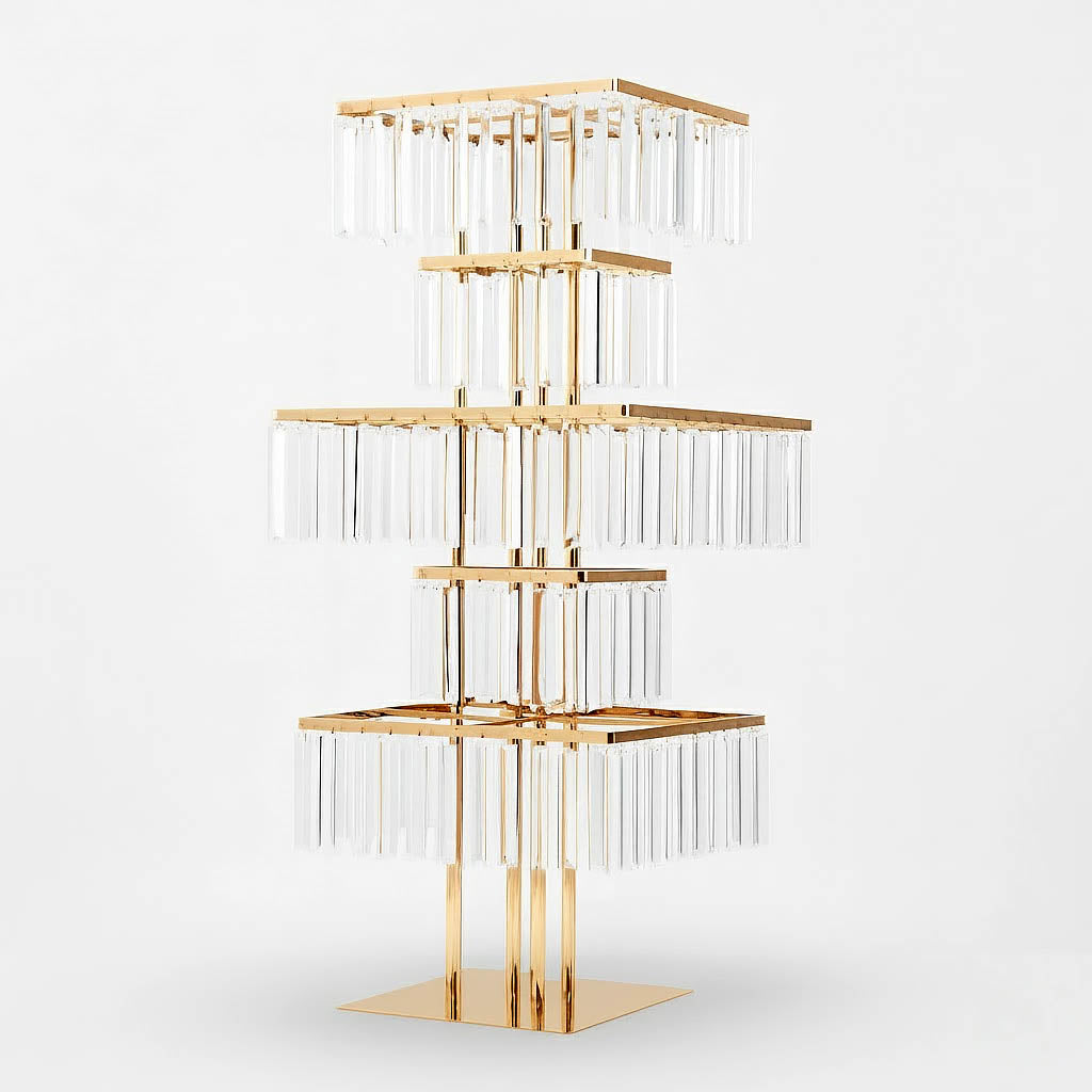 5-Tier Gold Crystal Pendant Chandelier Table Centerpiece 40" – Metal Flower Stand with Square Frame and Hanging Crystals