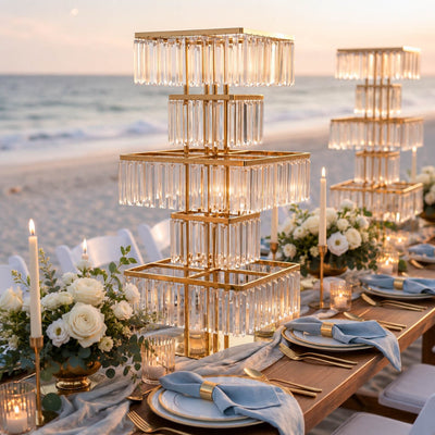 5-Tier Gold Crystal Pendant Chandelier Table Centerpiece 40" – Metal Flower Stand with Square Frame and Hanging Crystals - thumbnail number 2