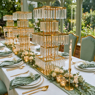 5-Tier Gold Crystal Pendant Chandelier Table Centerpiece 40" – Metal Flower Stand with Square Frame and Hanging Crystals - thumbnail number 3