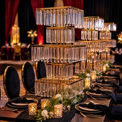 5-Tier Gold Crystal Pendant Chandelier Table Centerpiece 40" – Metal Flower Stand with Square Frame and Hanging Crystals - thumbnail number 4