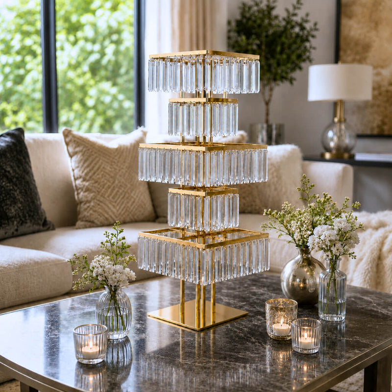 5-Tier Gold Crystal Pendant Chandelier Table Centerpiece 40" – Metal Flower Stand with Square Frame and Hanging Crystals - thumbnail number 6