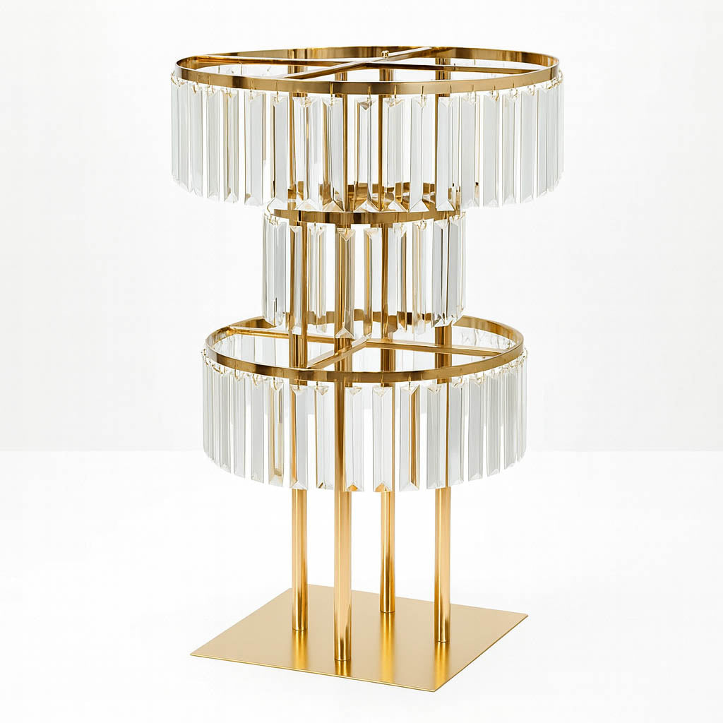 3-Tier Gold Crystal Pendant Table Centerpiece Chandelier 27" – Round Metal Vase Pedestal with Hanging Crystals