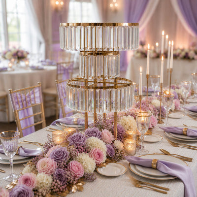 3-tier gold crystal chandeliers as centerpieces on a lavender wedding table - thumbnail number 2