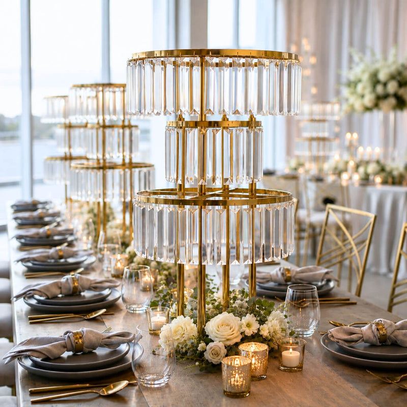 3-tier gold crystal pendant chandeliers as centerpieces on a long reception table - thumbnail number 4