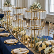 3-tier gold crystal chandeliers as centerpieces on a navy and gold table - thumbnail number 5