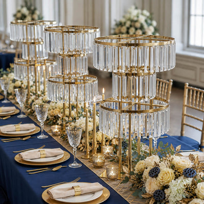 3-tier gold crystal chandeliers as centerpieces on a navy and gold table - thumbnail number 5