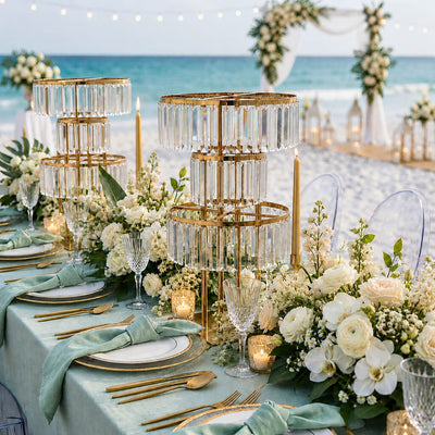3-tier gold crystal pendant chandeliers decorating a beach wedding table - thumbnail number 6