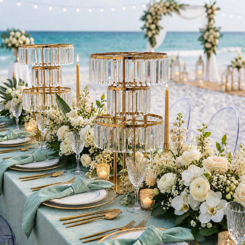 3-tier gold crystal pendant chandeliers decorating a beach wedding table - thumbnail number 6