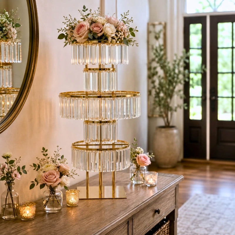 5-Tier Gold Crystal Pendant Table Centerpiece Chandelier 40" – Round Metal Vase Pedestal with Hanging Crystals - thumbnail number 5
