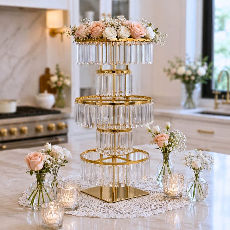 5-Tier Gold Crystal Pendant Table Centerpiece Chandelier 40" – Round Metal Vase Pedestal with Hanging Crystals - thumbnail number 7