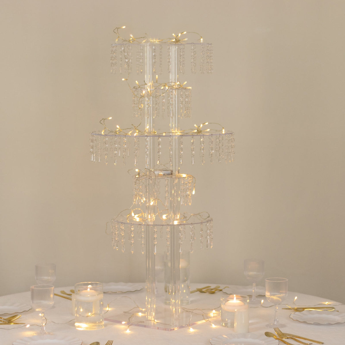 39" Tall 5-Tier Acrylic Chandelier Flower Stand with Hanging Crystals – Clear Table Centerpiece Display Tower