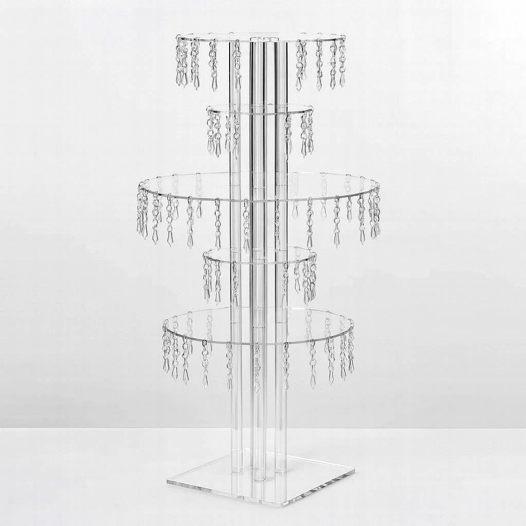 39" Tall 5-Tier Acrylic Chandelier Flower Stand with Hanging Crystals – Clear Table Centerpiece Display Tower