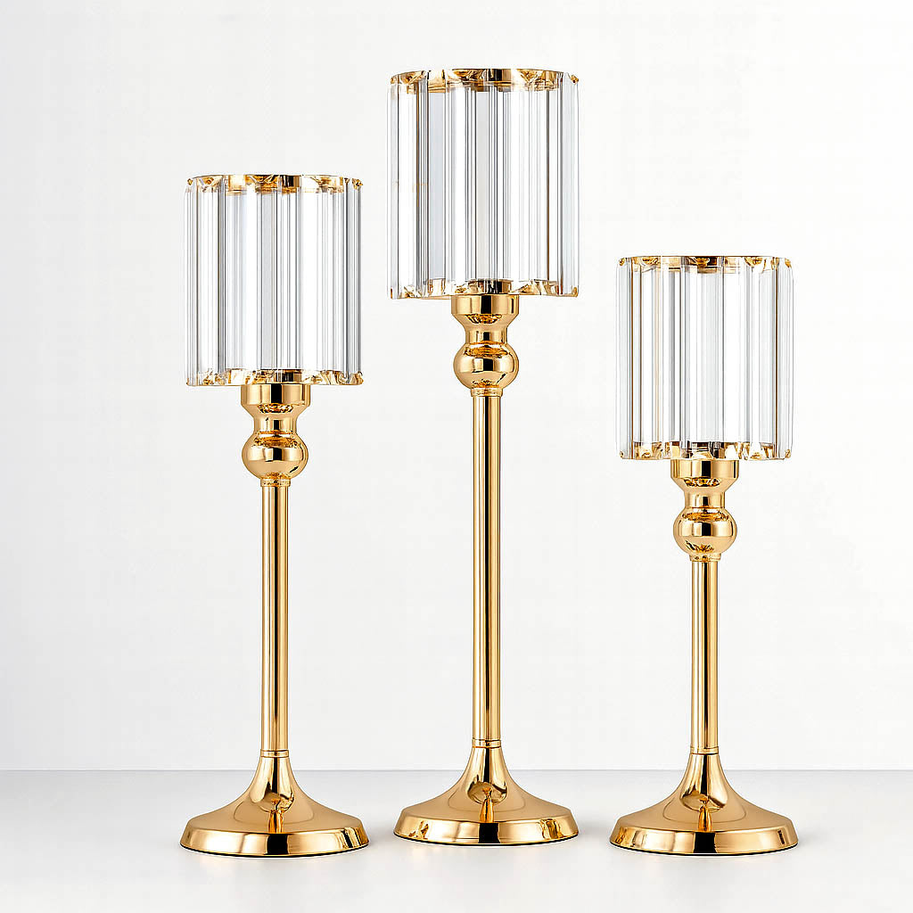 Gold Crystal Pendant Hurricane Candle Holders – Set of 3 Elegant Cylindrical Table Centerpieces for Pillar Candles, 11", 13", 15"