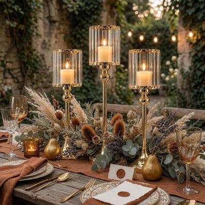 Gold Crystal Pendant Hurricane Candle Holders in event centerpiece - thumbnail number 3