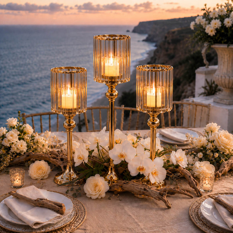 Gold Crystal Pendant Hurricane Candle Holders in coastal centerpiece - thumbnail number 4