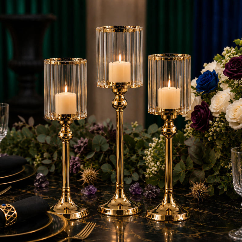 Gold Crystal Pendant Hurricane Candle Holders in elegant tablescape - thumbnail number 5