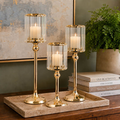 Gold Crystal Pendant Hurricane Candle Holders set on a tray - thumbnail number 6