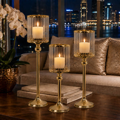 Gold Crystal Pendant Hurricane Candle Holders in city view living room - thumbnail number 7