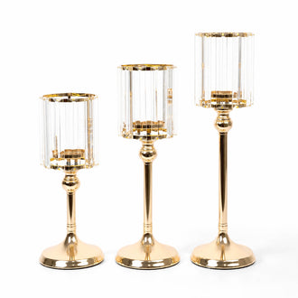 Gold Crystal Pendant Hurricane Candle Holders – Set of 3 Elegant Cylindrical Table Centerpieces for Pillar Candles, 11", 13", 15"