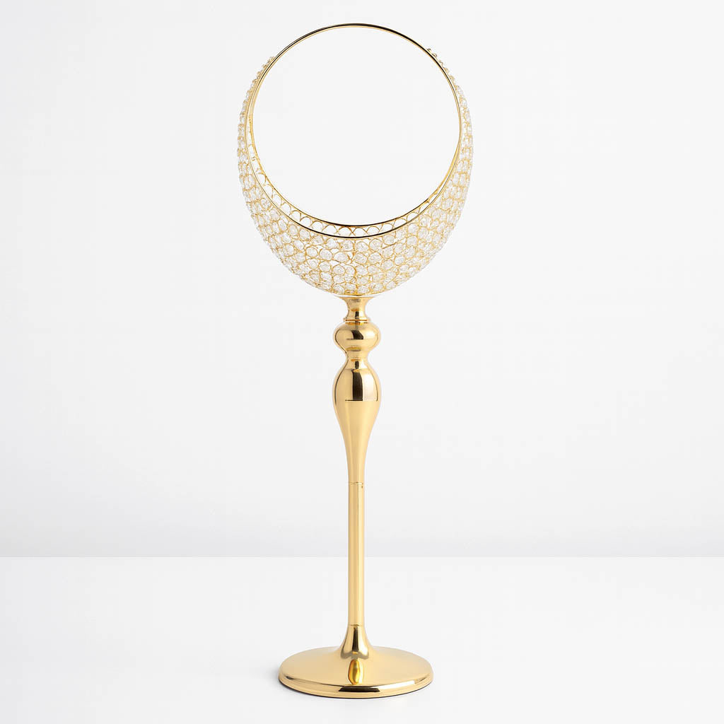 3ft Gold Metal Candle Holder Stand – Crystal Beaded Half Moon Basket Design with Round Base
