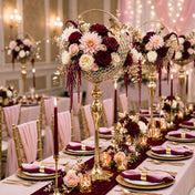 3ft gold metal candle holder stand with crystal beaded basket in a burgundy and blush wedding - thumbnail number 2