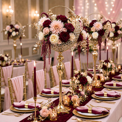 3ft gold metal candle holder stand with crystal beaded basket in a burgundy and blush wedding - thumbnail number 2
