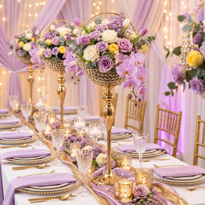 3ft gold metal candle holder stand with crystal beaded basket in a purple and yellow wedding - thumbnail number 3