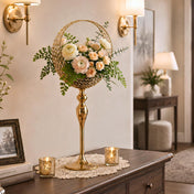 3ft gold metal stand with crystal basket holding flowers on a wooden dresser - thumbnail number 6