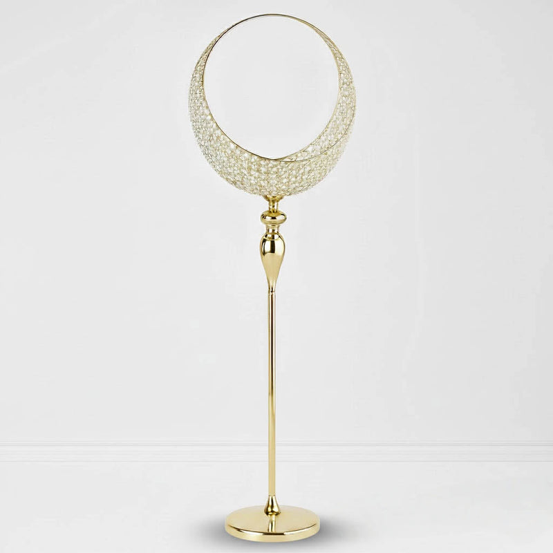4.5ft Gold Metal Candle Holder Stand – Crystal Beaded Half Moon Basket Design with Round Base - thumbnail number 1