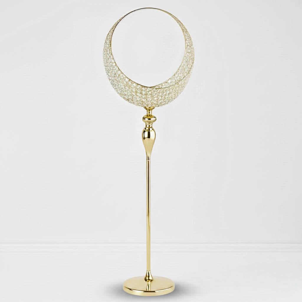 4.5ft Gold Metal Candle Holder Stand – Crystal Beaded Half Moon Basket Design with Round Base