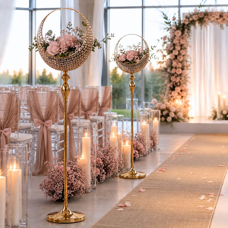 Gold metal candle holder stands lining a wedding aisle with pink florals - thumbnail number 2