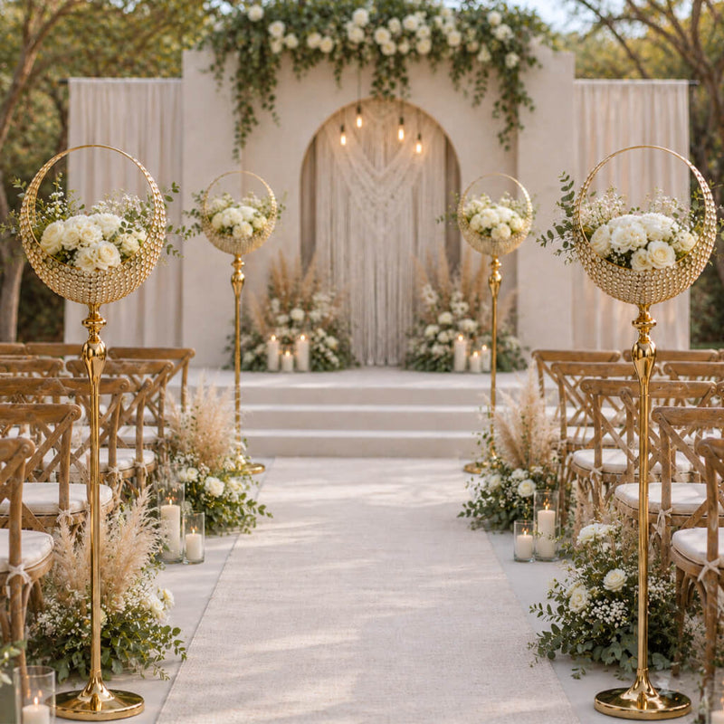 Gold metal candle holder stands lining a wedding ceremony aisle - thumbnail number 3