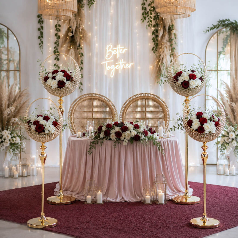 Gold metal candle holder stands framing a sweetheart table with red and white roses - thumbnail number 4
