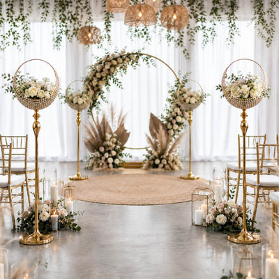 Gold metal candle holder stands set up as wedding decor in an aisle - thumbnail number 6