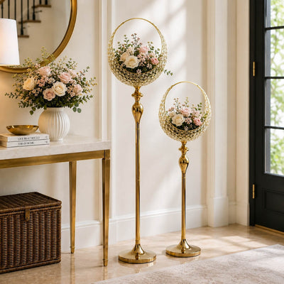 Gold metal candle holder stands of different heights displaying floral arrangements - thumbnail number 7