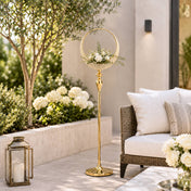 Gold metal candle holder stand with crystal beaded half moon basket on a patio - thumbnail number 8
