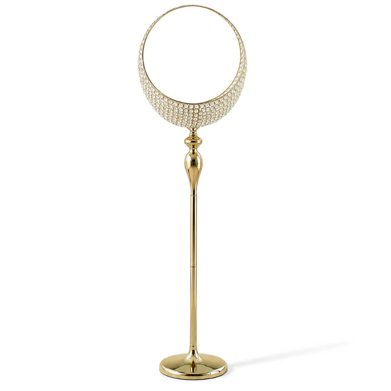 Studio shot of a 4.5ft gold metal candle holder stand with crystal beaded half moon basket - thumbnail number 1