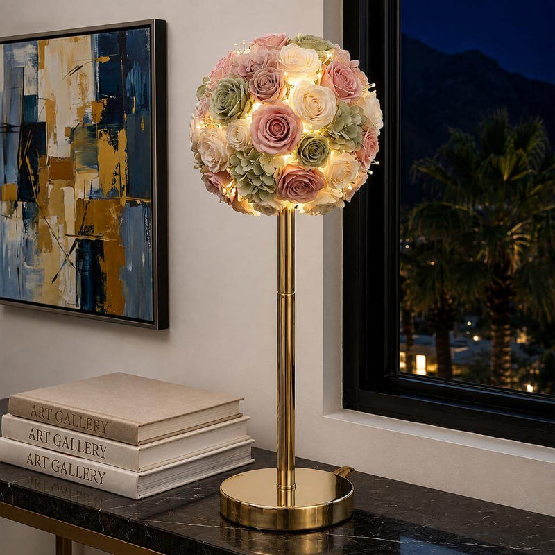 Gold metal stand topped with a lit sphere of pink and green faux roses - thumbnail number 8