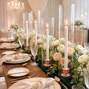 Lit white taper candles with a chimney glass candle shade on a luxury event tablescape - thumbnail number 6